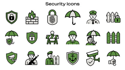 Simple Icon Set Related to Security and Protection. Contains icons: Guard, Lock, Camera, Shield