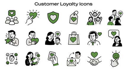 Simple Icon Set Related to Customer Loyalty and Satisfaction. Contains icons: Heart Magnet, Email Marketing, Customer Feedback