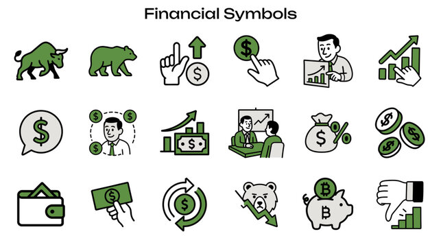 Simple Icon Set Related to Finance and Economy. Contains Icons: Dollar Sign, Bull Market, Stock Chart, Bear Market