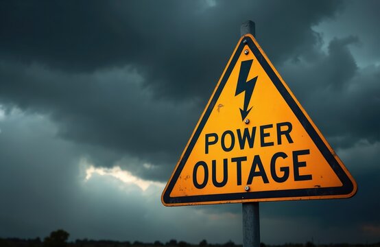 Warning road sign alerts power outage amid stormy sky. Yellow triangle, black text POWER OUTAGE. Lightning bolt symbol warns about electricity failure. Stormy clouds, inclement weather. Concept of