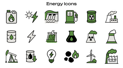 Simple Icon Set Related to Renewable and Non-Renewable Energy Sources. Contains Icons: Hydropower, Oil, Wind Turbine, Solar Panel