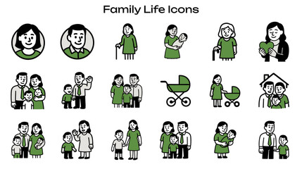 Simple Icon Set Related to Family Life: Contains Icons Such As Parents, Child, Elderly, Baby Stroller
