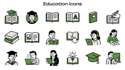 Simple Icon Set Related to Education and Learning. Contains icons: Chalkboard, Graduation Cap, Open Book, Light Bulb