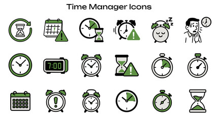 Simple Icon Set Related to Time Management. Contains icons: alarm clock, hourglass, stopwatch, calendar, reminder