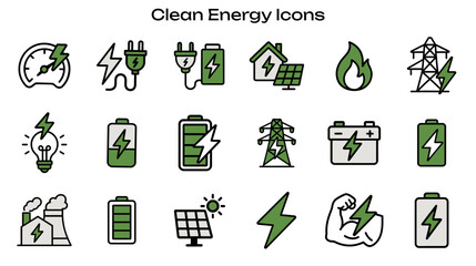 Simple Icon Set Related to Clean Energy Solutions. Contains icons: solar panel, electric plug, battery, power plant