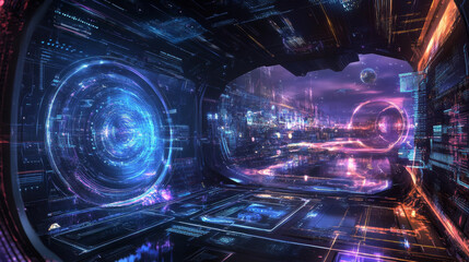 Computer technology of the future. Microchip quantum processor. Modern 3D illustration of fantastic cyberspace with HUD elements
