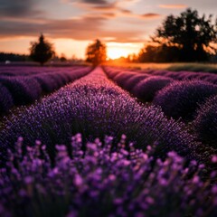 Obraz premium Fields of vibrant lavender bloom at sunset near a rural farm in late summer