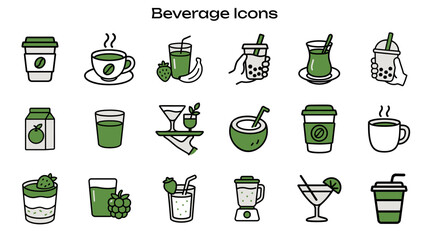 Simple Icon Set Related to Refreshing Beverages and Drinks. Contains Icons: Martini Glass, Juice with Straw, Coffee Cup, Bubble Tea