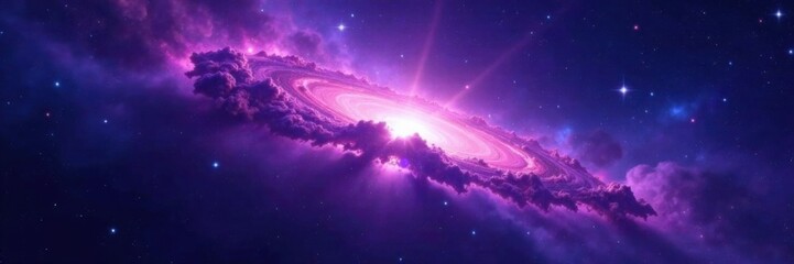 Naklejka premium Cosmic nebula with swirling purple gas and bright blue stars against dark space background , night sky, galaxies