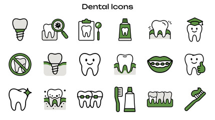 Simple Icon set related to Dental Health. Contains icons: Tooth Implant, Tooth Examination, Dental Report, Toothpaste