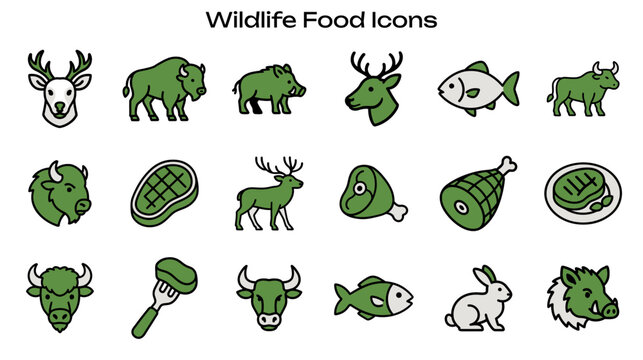 Farm and Wildlife Feast Icon Set: Simple Icons of Meat, Cow, Boar, Fish, Deer