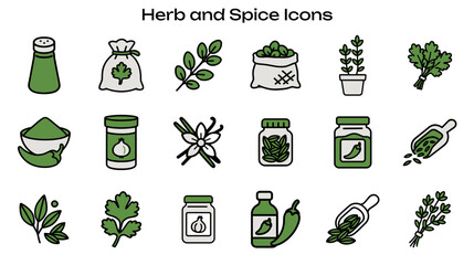 Simple Icon Set Related to Herbs and Spices: Contains Icons Like: Salt Shaker, Herb Bag, Potted Plant, Spice Jar