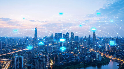 Fototapeta premium Digital city of future. Global Cyberspace. 3D illustration of wireless internet technologies. Database protection and secure transmission of information on blockchain network