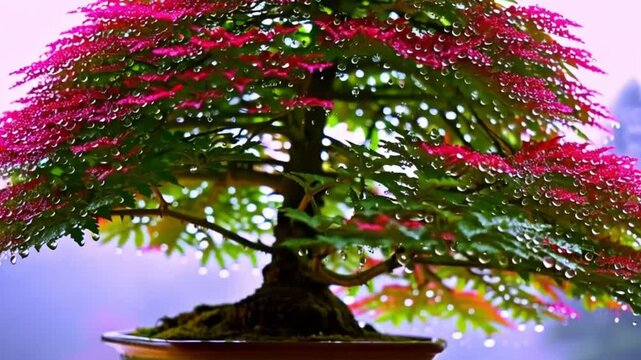 Rain Droplets Falling on a Bonsai Tree and enhancing its natural beauty.