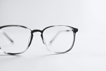 A close-up shot of a pair of eyeglasses. The frame is a transparent and the lenses are clear, suggesting vision correction or fashion accessory