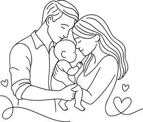 happy family, birth, baby, son, father, mother, hearts, love, bond of love, doodle, fine line