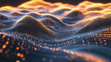 Hi-tech background 3D illustration. Cyber field in neon rays, big data array and techno innovation. Abstract movement of light shards of incandescent faces