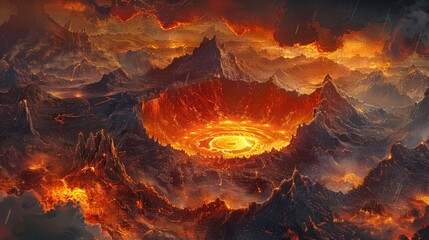 Volcanic landscape with fiery crater, stormy sky