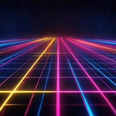 neon grid lines creating a futuristic landscape, glowing with vibrant colors. The scene has a sense of depth and technology with geometric patterns