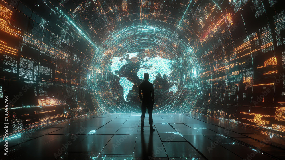 Poster technologies of the future. information funnel. global network. polygonal light grid. 3d portal illu