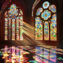 sunlight illuminating a stunning stained-glass window in a cathedral, creating a colorful display