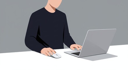 A person working on a laptop, using a mouse. A clean and minimalistic portrayal of someone engaged in digital work.