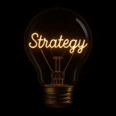  'Strategy' written with filaments inside a glowing light bulb on a black background