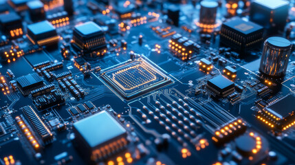Fototapeta premium Digital city in hitech. Circuit board and hardware 3d illustration. Wireless internet technologies. Database protection and secure transmission of information on blockchain network