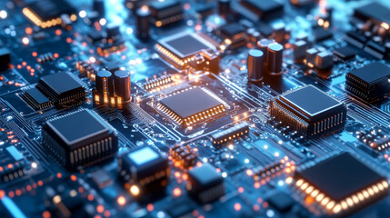 Fototapeta premium Digital city in hitech. Circuit board and hardware 3d illustration. Wireless internet technologies. Database protection and secure transmission of information on blockchain network