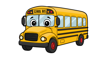 Cartoon School Bus Illustration with Big Eyes on White Background