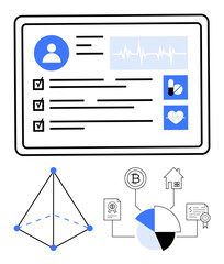 Digital dashboard featuring user information, health metrics, checklist, and icons signifying blockchain, housing, and cryptocurrency. Ideal for finance, health, technology innovation blockchain