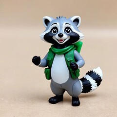 A painted raccoon in clothes. A funny and cheerful striped animal.
