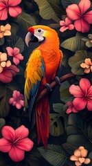 Fototapeta premium Vibrant Macaw Perched on Branch with Tropical Flowers and Leaves