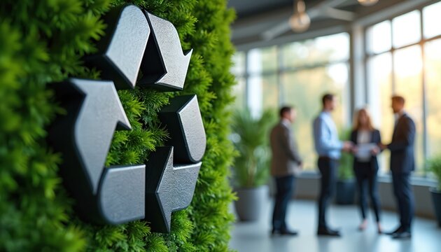 Recycling symbol on green wall, blurred business people in background. Represents sustainability, environment responsibility corporate teamwork. Eco-friendly office interior for global warming