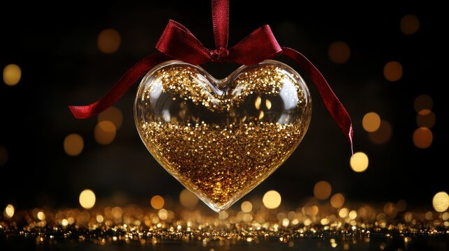 Glass heart filled with gold glitter, adorned with a red ribbon, against a bokeh background