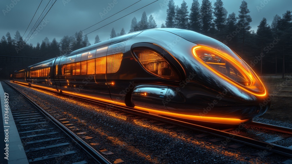 Poster A futuristic smarttrain glows with bright orange lights as it stands on the railway tracks surrounded by dense trees at dusk, emphasizing modern automation in transportation infrastructure.