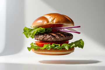 Juicy Grilled Burger with Lettuce, Tomato, and Onion