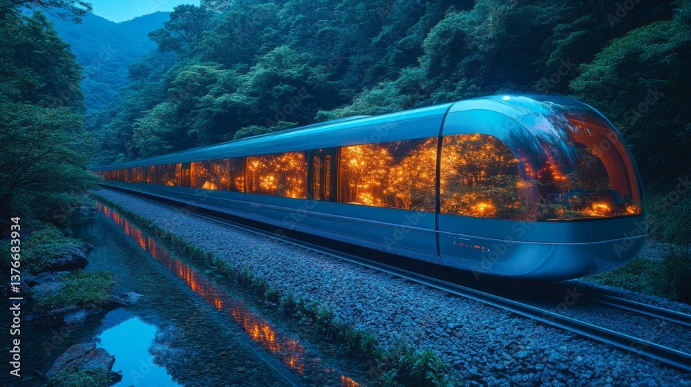 Aufkleber An advanced automated train moves silently along tracks beside a serene river in a vibrant forest during twilight, highlighting innovation in mobility and technology.