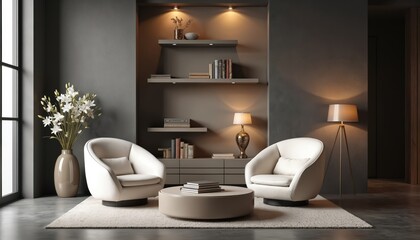 Modern living room interior design with grey taupe color scheme. Two white armchairs near round table, bookcase with books, floor lamp. Luxurious lounge, office design.