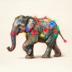 Elephant with Holiday Lights Pencil Drawing - A whimsical pencil drawing of an elephant adorned with colorful holiday lights, symbolizing joy, festivity, unexpected beauty, gentle strength