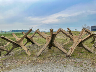 Iron anti tank crosses also known as Czech hedgehogs made to stop or delay enemy armored vehicles. © Diliara