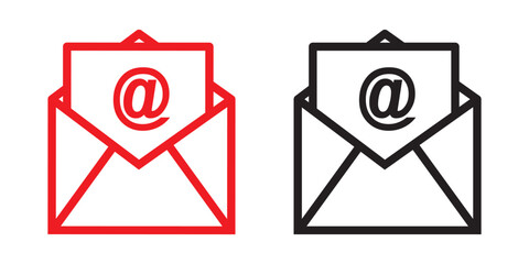Email icon vector set features envelopes, notifications, and at symbols. Ideal for messaging apps, communication designs, and email marketing