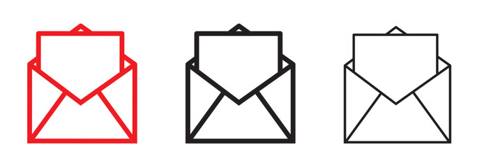 Email icon vector set features envelopes, notifications, and at symbols. Ideal for messaging apps, communication designs, and email marketing