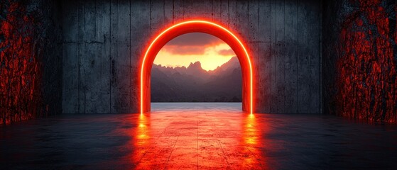 Glowing archway leads to scenic sunset mountainscape. Concrete walls frame the scene. Red light reflects on floor