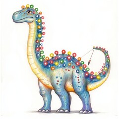 Obraz premium Mamenchisaurus Lights Pencil Drawing - Whimsical pencil drawing of a Mamenchisaurus dinosaur adorned with colorful lights, symbolizing joy, childhood, imagination, nature, and festive spirit