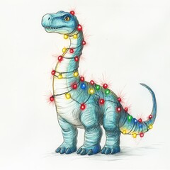 Naklejka premium Festive Dinosaur Pencil Drawing Lights Wrap - A whimsical pencil drawing of a dinosaur adorned with colorful Christmas lights, symbolizing joy, festivity, the spirit of Christmas