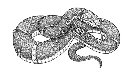 Coiled Snake Wearing Straps Illustration in Detailed Black and White