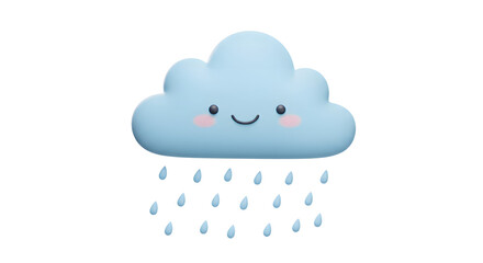 Cartoon Cloud with Raindrops and Happy Face against White Background