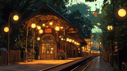 Obraz premium Illuminated train station platform railway photograph evening warm light concept