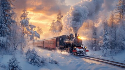 High fidelity digital art of steam train journey through scenic snowy winter landscape